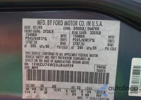 2003 Ford Explorer Eddie Bauer from USA, damaged, VIN 1FMZU74W33UB44959